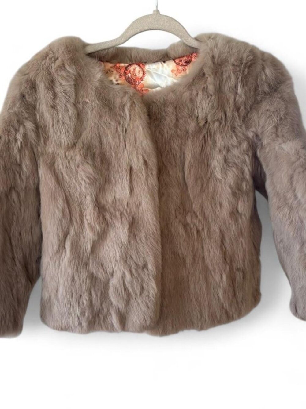 Vintage Rabbit Fur Cropped Jacket Brown Print Silky Lining Y2K Luxury